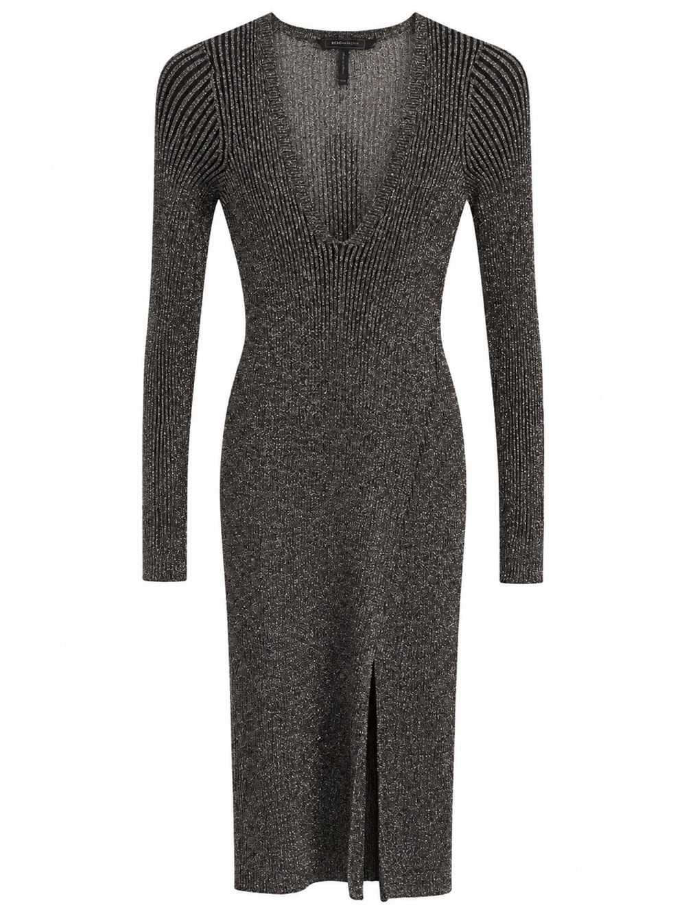 BCBGMaxAzria Macki Metallic Ribbed Long-Sleeve V-Neck Dress in Black